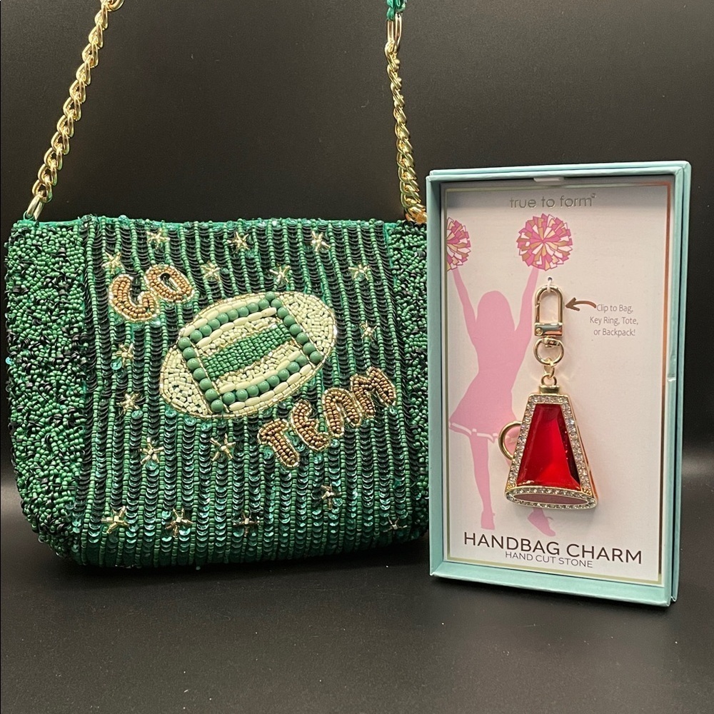 Green Beaded Go Team Football Beaded Shoulder Bag WITH Megaphone Charm